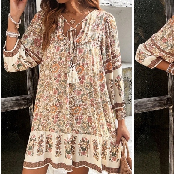 Boho Boutique Dresses & Skirts - Boho tussle tie slit neck casual dress, Med. CB2021